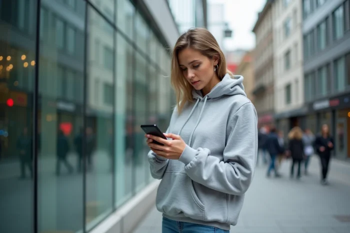 Femme accédant à son compte Footclub FFF sur mobile dans une rue urbaine