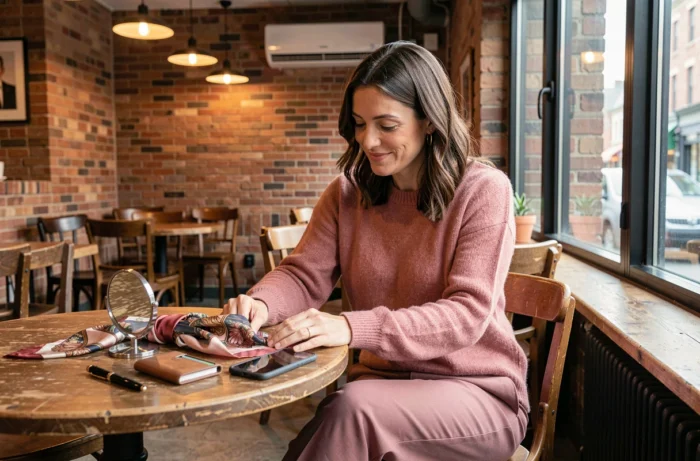 Femme élégante dans un café arrangeant ses accessoires féminins essentiels sur une table en bois