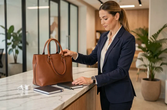 Femme active en blazer marine posant ses accessoires essentiels sur un comptoir en marbre dans un bureau moderne