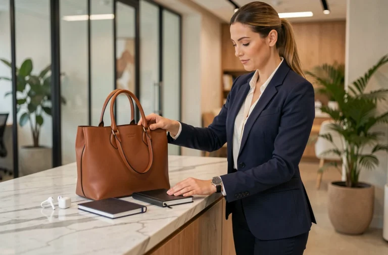 Femme active en blazer marine posant ses accessoires essentiels sur un comptoir en marbre dans un bureau moderne