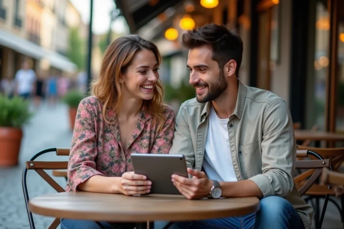 Deux jeunes professionnels consultant les dernières actualités digitales sur une tablette en terrasse de café urbain