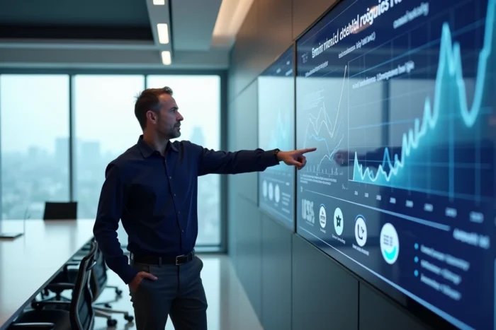 Un homme d'affaires présentant des tendances et actualités du numérique sur un écran interactif en salle de réunion
