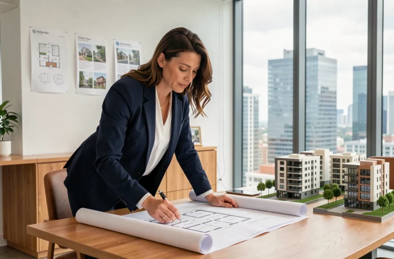 Agent immobilière professionnelle étudiant des plans architecturaux dans un bureau moderne avec vue sur la ville