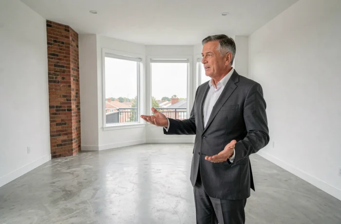 Agent immobilier présentant un appartement vide et lumineux avec parquet béton et grandes fenêtres lors d'une visite