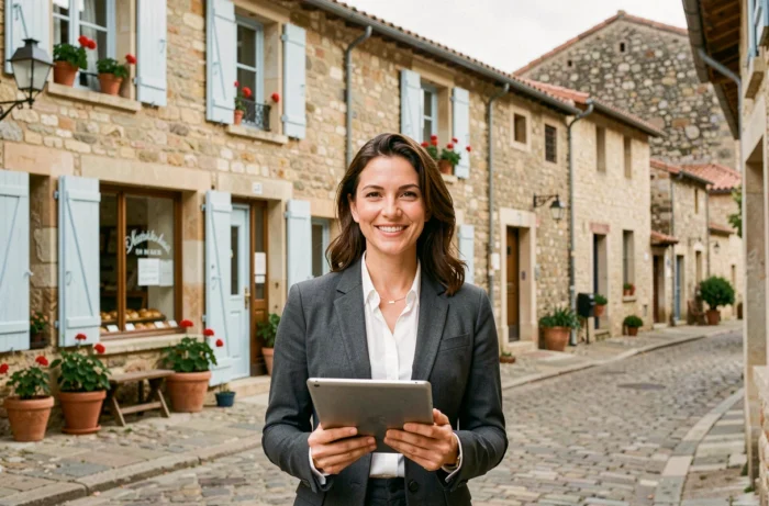 Agente immobilière présentant une maison en pierre aux volets bleus dans un village provençal pittoresque