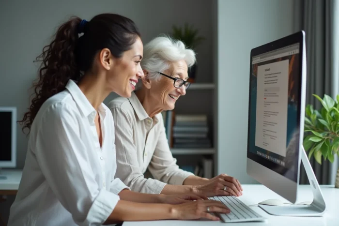 Une femme aide sa mère âgée à accéder à son compte Famileo sur un ordinateur de bureau