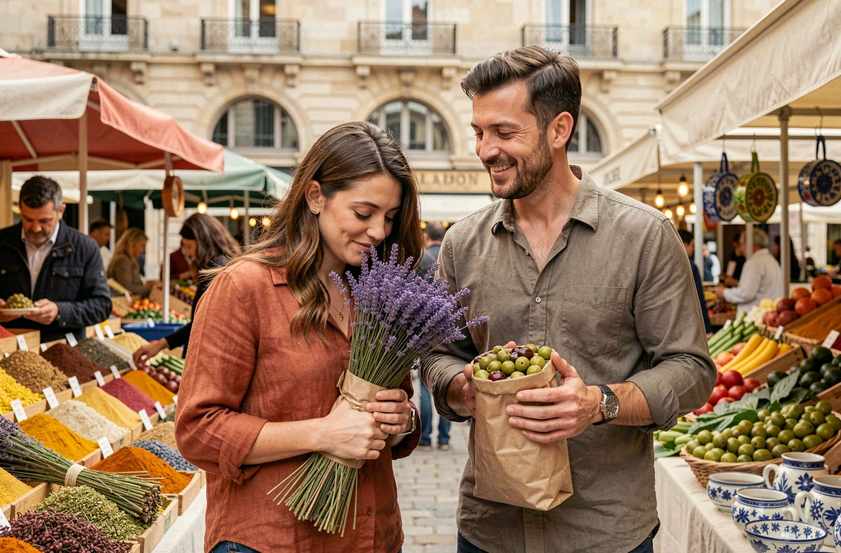 Couple au marché provençal d'Aix-en-Provence, femme sentant la lavande séchée entourée d'étals colorés