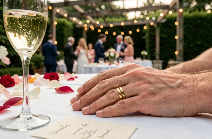 Gros plan sur deux mains de mariés portant des alliances en or lors d'une réception de mariage dans un jardin français
