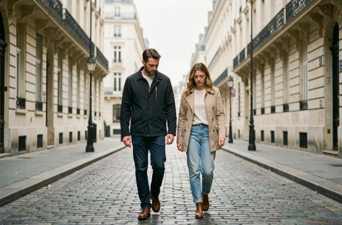 Couple discret marchant dans une rue pavée parisienne, évoquant la vie privée et la complicité d'Amandine Atalaya et son mari