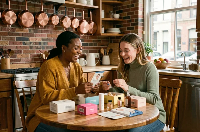Deux amies comparant leurs produits de box beauté mensuelle autour d'une table en bois, partage et fidélité