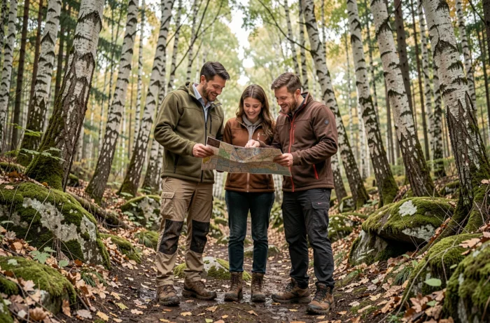 Groupe d'amis consultant une carte sur un sentier de randonnée en forêt lors d'une activité de plein air