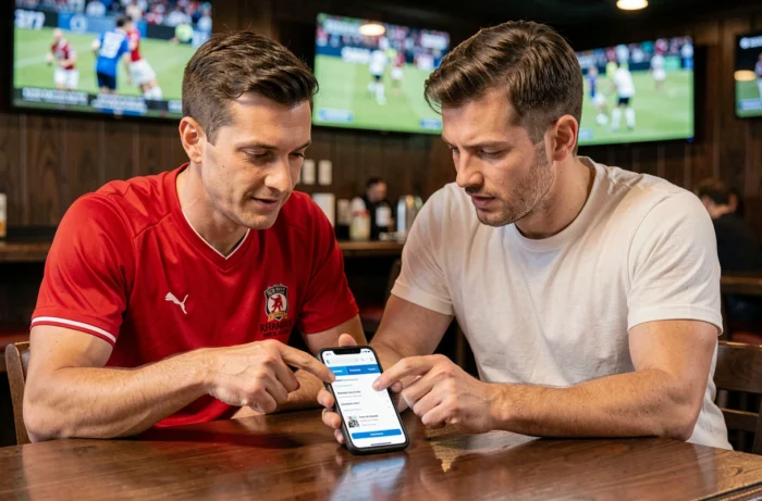 Deux hommes consultant un site de paris sportifs sur smartphone dans un bar
