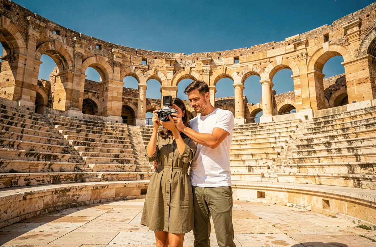 Couple photographiant les arènes romaines d'Arles depuis l'arène, femme tenant un appareil photo argentique