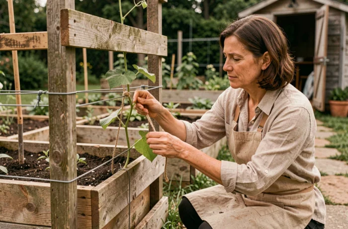 Femme attachant un jeune plant de kiwi à une structure tuteur en bois dans son jardin