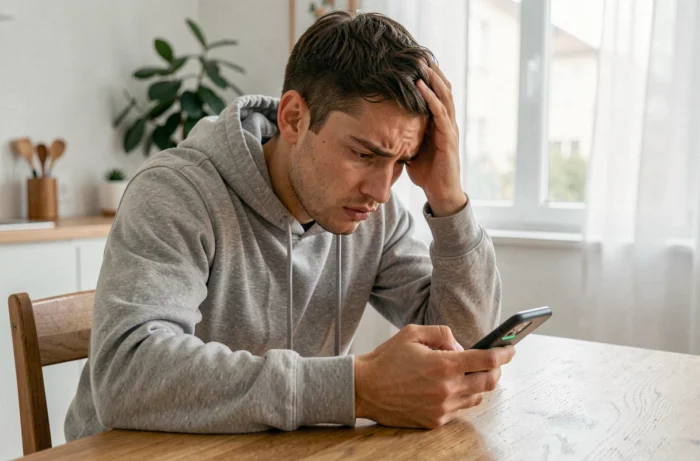Jeune homme anxieux attendant le résultat de son permis de conduire sur son smartphone après 48 heures