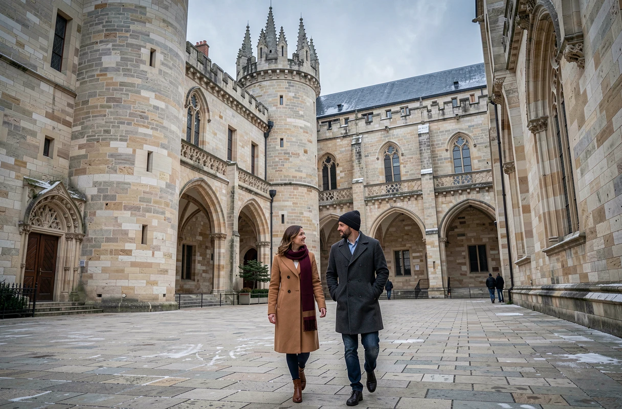 Couple se promenant dans la cour du Palais des Papes à Avignon en hiver, presque seuls