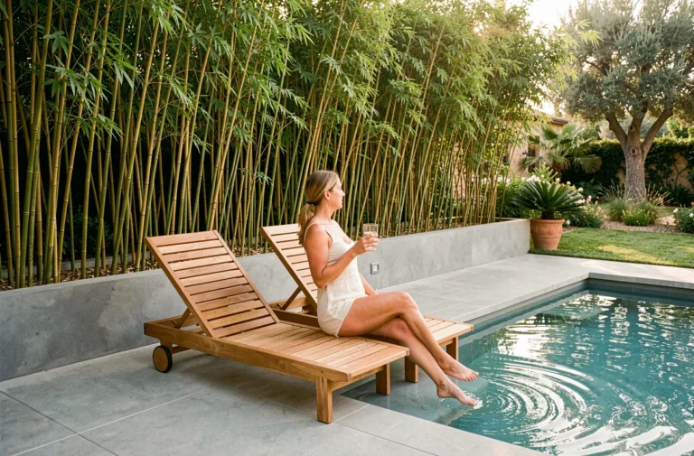 Terrasse de piscine extérieure bordée de bambous en pot avec une femme se relaxant sur une chaise longue en teck