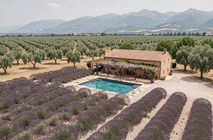 Vue aérienne d'une bastide provençale rénovée entourée de champs de lavande et d'oliveraies avec piscine