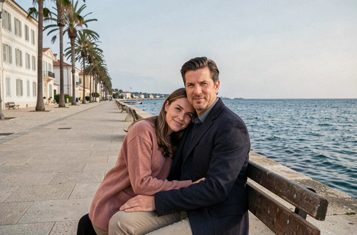 Couple assis sur un banc de la promenade calme de Beaulieu-sur-Mer avec la mer bleue en fond
