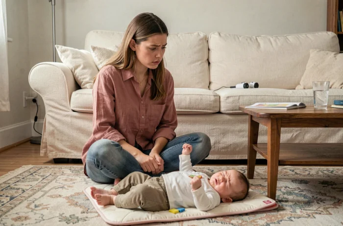Maman assise au sol avec bébé agité sur le tapis d'éveil, observant les signes d'un pic de croissance comme l'irritabilité et les pleurs