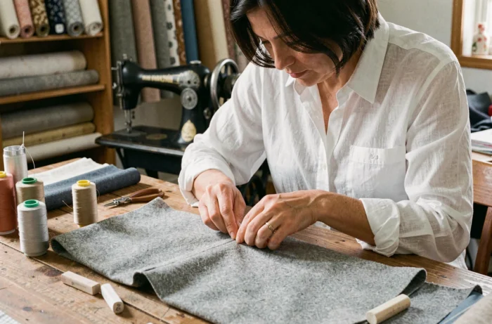 Femme réalisant une boutonnière à la main sur du tissu en laine grise dans un atelier de couture artisanal