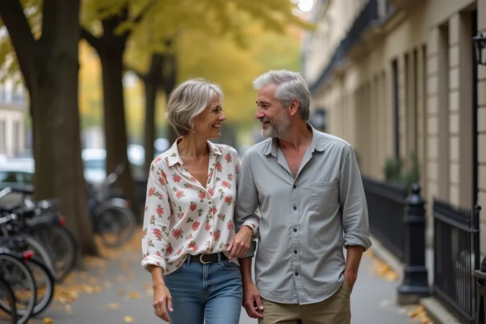 Couple français se promenant sur un trottoir parisien bordé d'arbres en automne dans une atmosphère détendue et complice