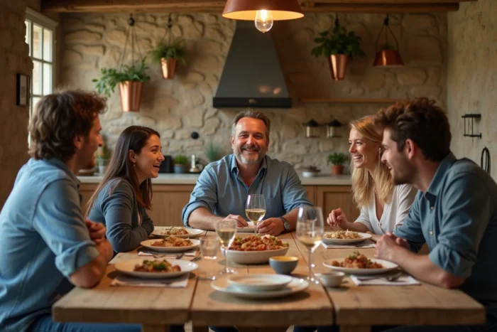Famille française réunie autour d'une grande table en bois rustique dans une cuisine de maison de campagne lors d'un repas convivial