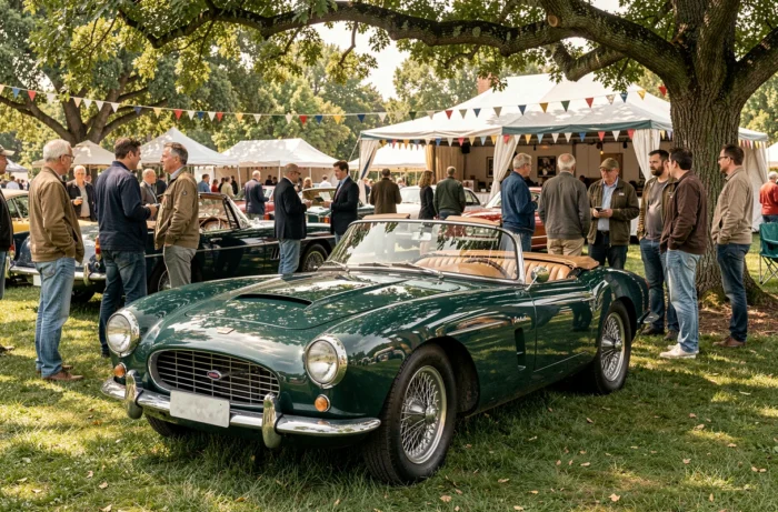 Voiture de sport cabriolet britannique vintage vert racing des années 60 exposée lors d'un salon de voitures classiques en plein air, rappelant les modèles emblématiques du cinéma