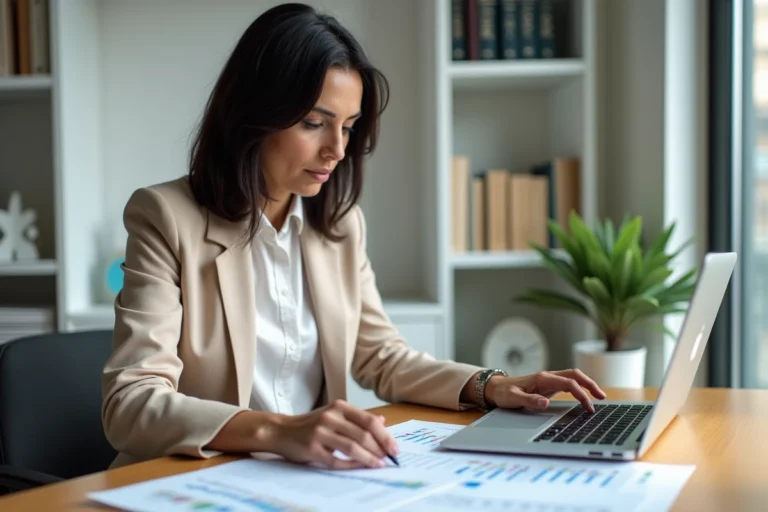 Femme consultante en portage salarial calculant son salaire net sur ordinateur dans un bureau à domicile moderne