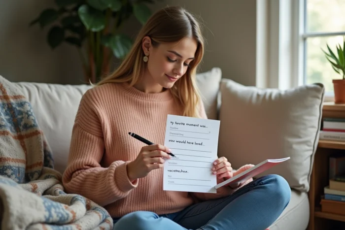 Femme assise sur un canapé remplissant les espaces à compléter sur une carte de vacances interactive avec des invites manuscrites personnalisées