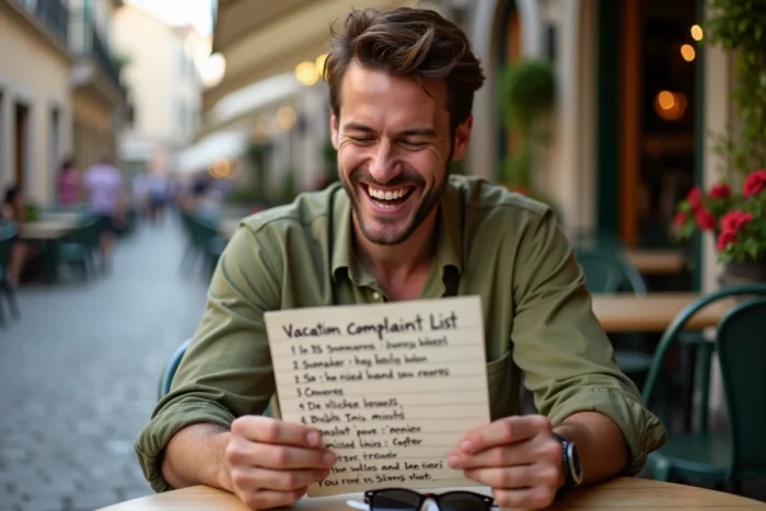 Homme riant en lisant une carte humoristique listant des doléances de voyage avec des plaintes manuscrites amusantes dans un café