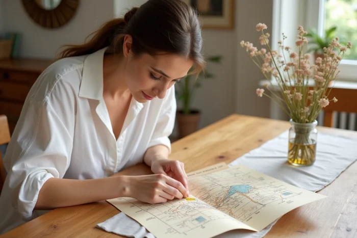 Femme examinant une carte itinéraire de vacances sous forme de carte géographique illustrée à la main avec des tracés de route et des icônes de lieux