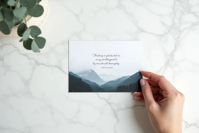 Carte de vacances minimaliste posée sur marbre blanc avec une photo pleine page d'un paysage de montagne et une citation courte en typographie élégante