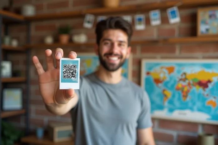 Homme tenant une carte photo de voyage avec un QR code imprimé dans le coin, devant un tableau de cartes et polaroids