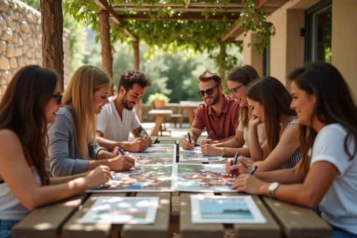 Groupe d'amis en vacances réunis autour d'une table signant collectivement une grande carte postale commune avec une photo de groupe imprimée