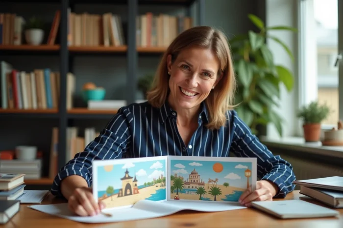 Femme arrangeant une carte postale narrative en trois panneaux illustrés racontant une histoire de voyage en triptyque