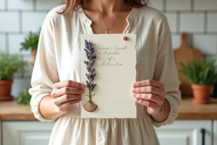 Femme tenant une carte sensorielle artisanale ornée de lavande séchée et d'un coquillage avec des notes manuscrites sur les odeurs et sons