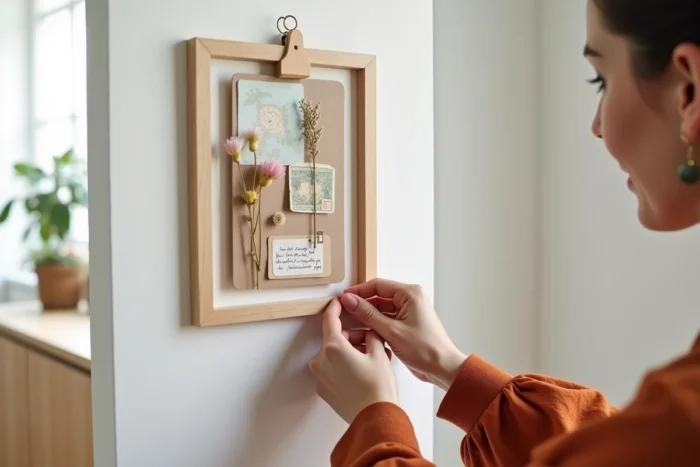 Femme accrochant au mur une carte souvenir tactile de vacances composée d'un collage de fleurs séchées, ticket et carte géographique à conserver et afficher