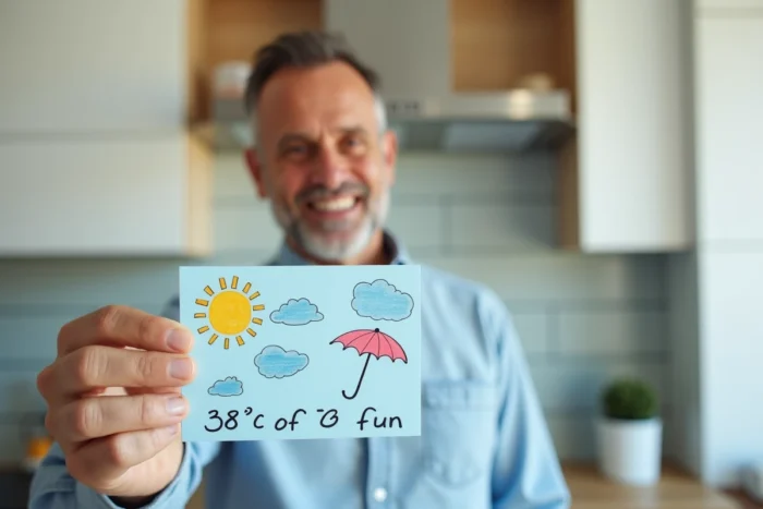 Homme tenant une carte de vacances en forme de bulletin météo décalé illustré avec des icônes de soleil et plage et des annotations humoristiques manuscrites
