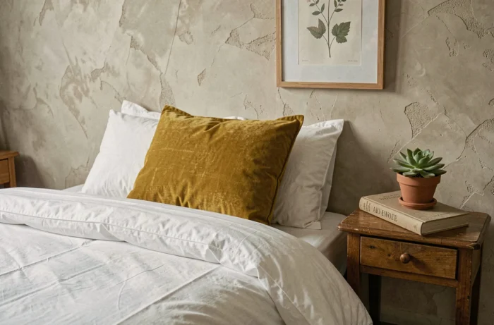 Coin chambre cosy avec literie blanche, coussin velours moutarde et table de nuit en bois vintage pour une déco maison apaisante