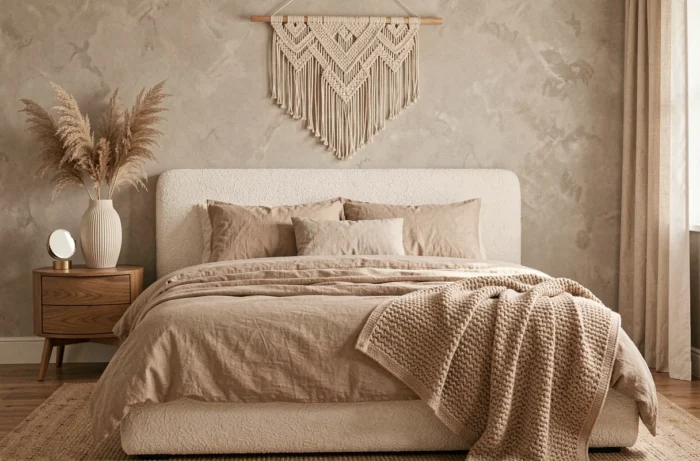 Chambre tendance aux textures douces avec tête de lit bouclé ivoire, linge de lit en lin sable et décoration en plâtre limewash, inspirations déco chambre 2024