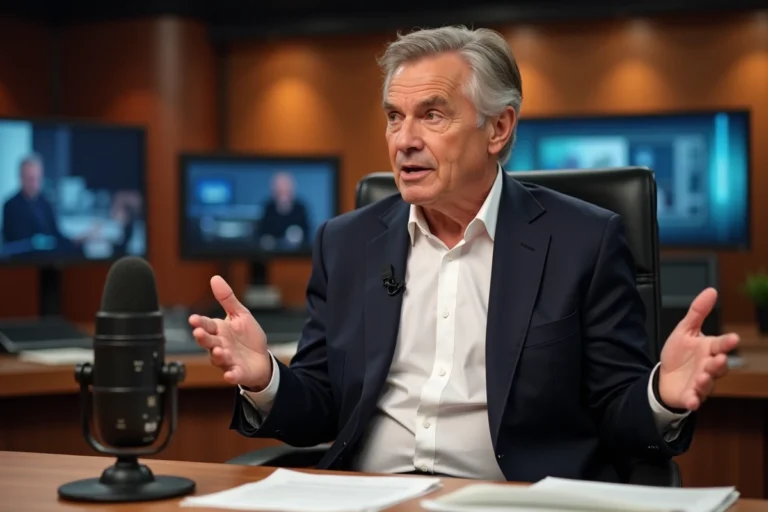 Chroniqueur sportif professionnel assis derrière un bureau de plateau télévision, exprimant ses commentaires avec gestuelle naturelle