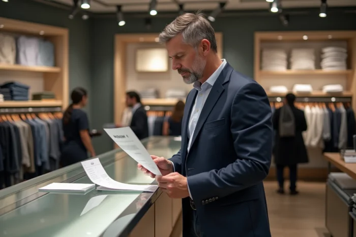 Client consultant un reçu de retour et remboursement dans un grand magasin