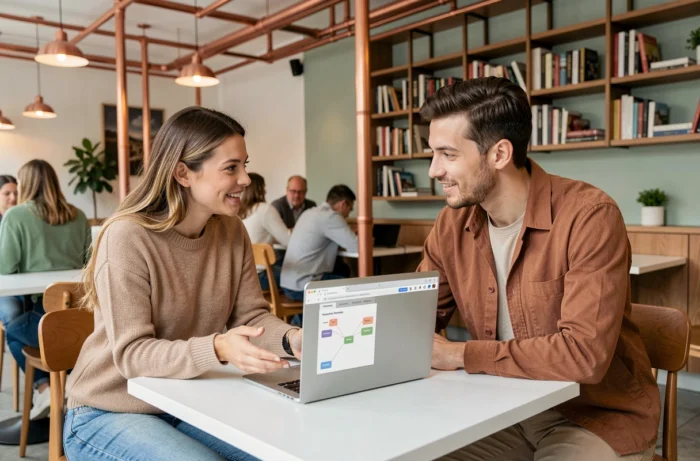 Deux jeunes professionnels collaborant sur une stratégie de présence web dans un café moderne