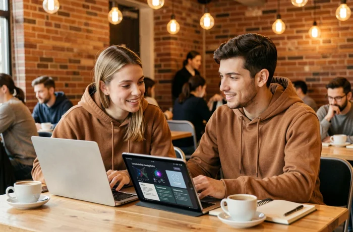 Deux jeunes professionnels collaborant sur les dernières tendances en informatique et intelligence artificielle dans un espace de co-working moderne