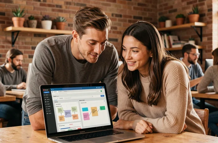 Deux collègues collaborant autour d'un logiciel de gestion d'idées et de projets dans un espace de coworking moderne