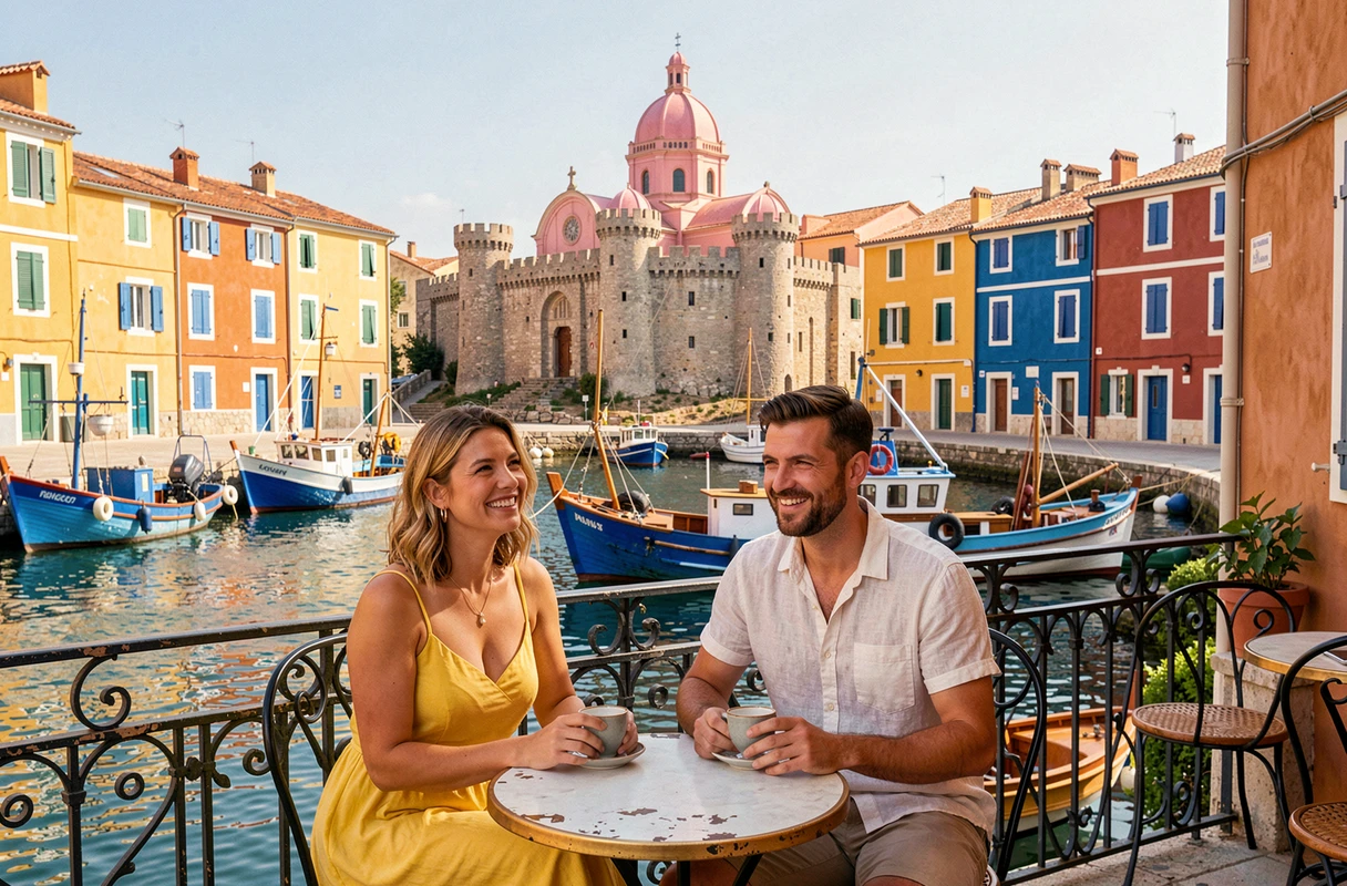 Couple en terrasse de café à Collioure avec le château royal et l'église Saint-Vincent sur le port