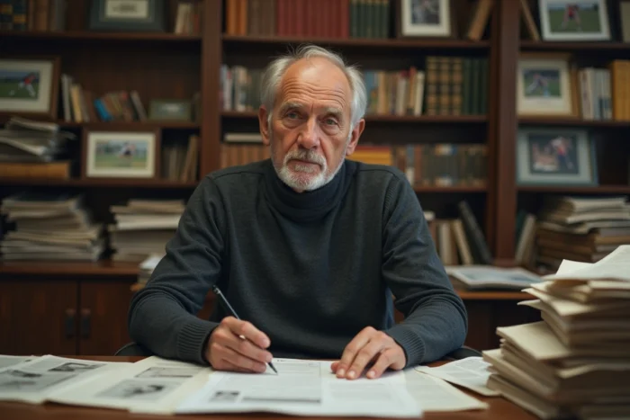 Commentateur sportif vétéran dans un bureau de rédaction entouré d'archives sportives et de photographies encadrées