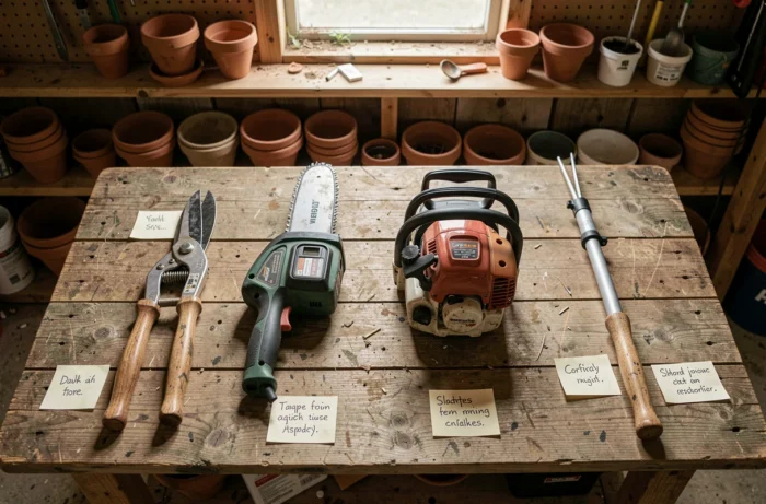 Comparaison de quatre types d'élagueuses posées sur un établi en bois dans un atelier de jardin
