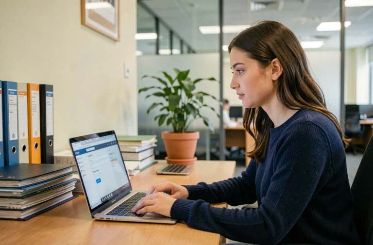 Étudiante configurant sa boite mail académique de Nantes sur un ordinateur portable dans un bureau universitaire